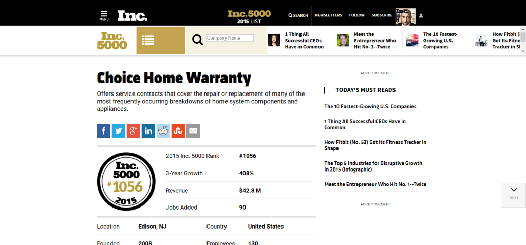 choice home warranty in the 2015 inc. 5000