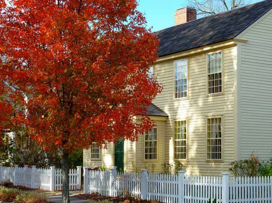 Massachusetts home along sidewalk